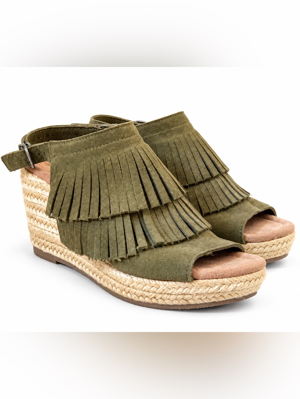 Minnetonka Ashley Olive Suede Fringe Espadrille Wedge Sandals Size 6